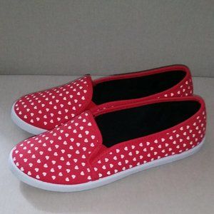 Red with white hearts canvas slip ons NWOT